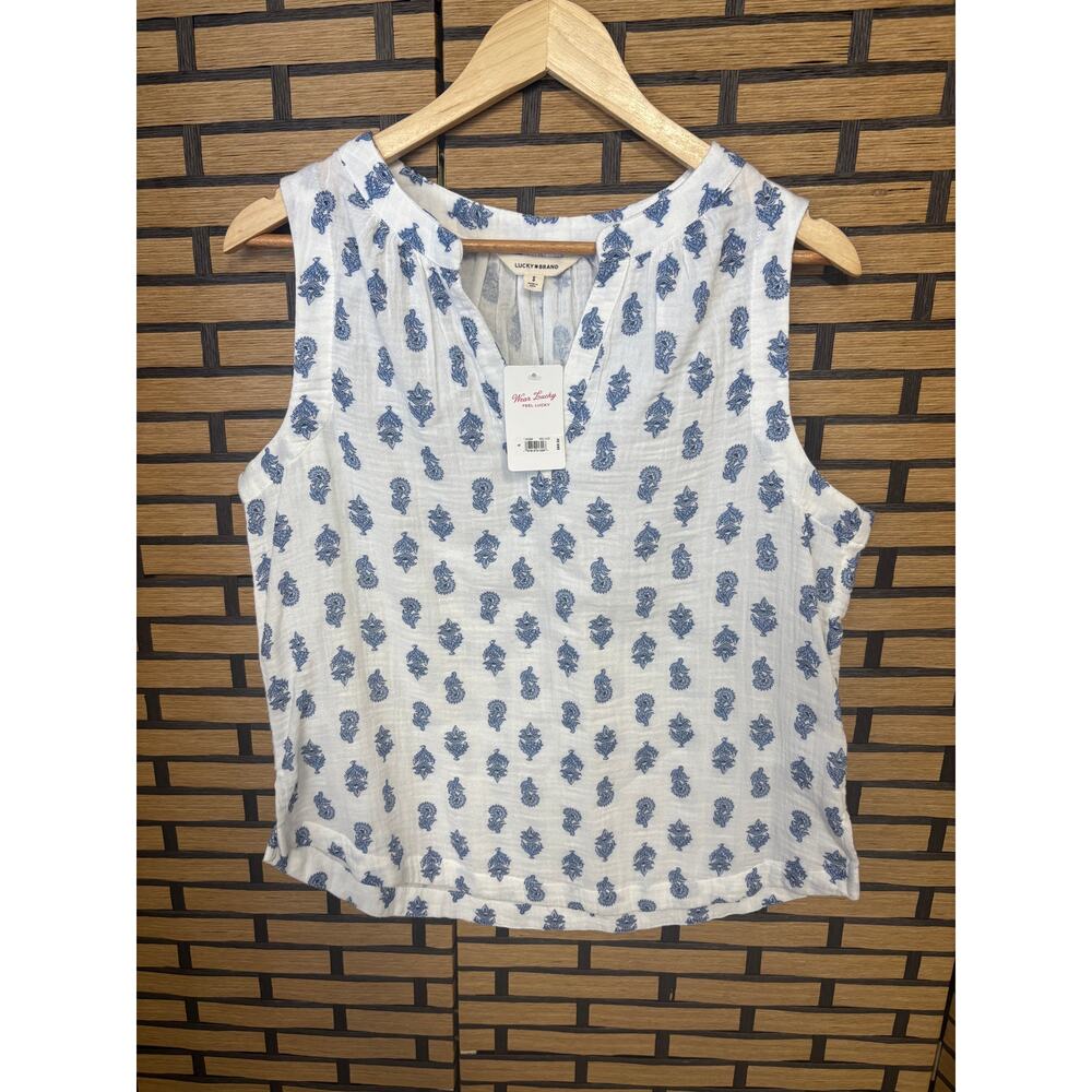 Lucky Brand White Sleeveless Blouse with Blue Print